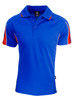 A blue polo shirt with red and white accents, featuring a collar and a logo.