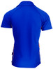 A blue men's polo shirt featuring a logo and contrasting side stripes. The back view highlights its sleek design.