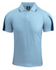 Light blue polo shirt with navy blue accents and a logo on the chest. Short sleeves and a collar design.