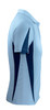 A light blue polo shirt with navy side panels and a logo on the chest. It features a classic collar and short sleeves.