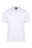 A white men's polo shirt featuring a collar and short sleeves, with a logo on the label.