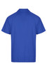 A blue polo shirt with a collar and short sleeves, featuring a logo. The view is from the back.