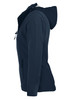 A navy soft shell jacket with a hood, featuring side pockets and a sleek profile, including branding.