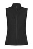 A black work vest featuring a zip-up front and two zippered pockets, designed for women's workwear.