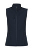 A navy vest with a high collar and multiple zippered pockets, featuring a logo. Ideal for workwear.