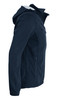 A soft shell jacket in navy blue with a hood and zippered pockets, featuring a logo on the front.