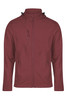 A maroon kids' jacket with a zip front, two side pockets, and a hood. It features a logo on the chest.