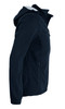 A navy soft shell jacket featuring a hood and zippered pockets, with a logo displayed.
