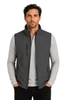 A grey men's vest is displayed, featuring a zippered front and side pockets, with a logo on the chest.