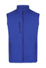 A blue work vest featuring three zippered pockets and a high collar, with a logo on the front.