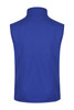 A blue men's work vest featuring a high collar and no sleeves, with a branded logo on the back.