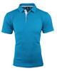 A turquoise polo shirt with a white collar and shoulder accents, featuring a logo on the front.