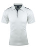 A men's polo shirt in white with navy accents, featuring a collar and three buttons, and a logo on the chest.
