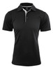 A black polo shirt with white accents and a three-button placket. Features a logo on the chest.