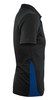 A black polo shirt with blue detailing, featuring a collar and short sleeves. It has a logo on one side.