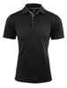 A black polo shirt featuring a classic collar and three-button placket, with a branding logo on the design.