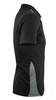 A black polo shirt featuring short sleeves and grey side detailing, with a logo on the chest.