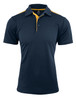 A navy blue polo shirt with yellow accents and a collar, featuring buttons and a logo.