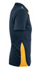 A navy blue polo shirt with yellow accents, featuring a branded logo on the chest.