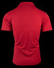 A red polo shirt with a classic collar and short sleeves, featuring a branded logo.