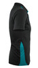 A black polo shirt with teal accents, featuring a collar and a logo on the side.