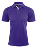 A purple polo shirt with a contrasting white collar and stripes, featuring a logo.