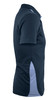 A navy and light grey men's polo shirt with a side split, featuring a classic collar and short sleeves.
