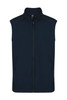A navy blue men's vest featuring a full zip front and side pockets, designed for workwear use.