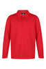 A red long-sleeve polo shirt with a collar and three buttons, featuring a logo on the front.
