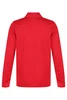 A red polo shirt with long sleeves and a collar, featuring a logo on the back.