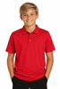 A red polo shirt for kids with a collar and a logo on the chest, featured on a smiling young model.