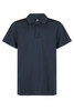 A navy blue polo shirt with a collared neckline and three buttons. Features branding on the collar.