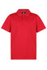 A red polo shirt featuring a collar, button placket, and a logo on the chest. Suitable for kids' sports uniforms.