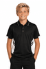 A black polo shirt with white accents, featuring a logo, modelled by a boy with blonde hair.