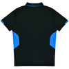 A black polo shirt with blue accents on the sides and a collar, featuring a logo on the front.