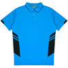 A blue polo shirt with black side panels and a collar, featuring a logo.