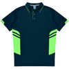 A navy polo shirt with lime green accents and a logo, featuring a classic collar and short sleeves.