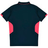 A navy polo shirt featuring bright pink accents on the sides, with a collar and a logo on the front.