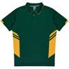 A green and gold polo shirt featuring a collar and contrasting side stripes, with a logo on the chest.