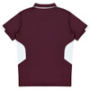 A maroon polo shirt featuring white panel accents and a logo on the back. Designed for kids' wear.