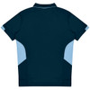 A navy blue polo shirt featuring light blue accents on the sides and a collar. The shirt has a logo on it.