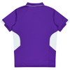 A purple polo shirt featuring white accents, designed for kids, with a branding logo on the garment.