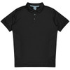 A black polo shirt featuring a collar and button placket, with side design details and a branding logo.