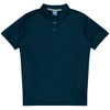 A dark navy polo shirt with a collar and three-button placket, featuring subtle panel details on the sides.