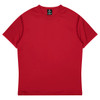 A red t-shirt with a round neckline and short sleeves. The shirt features a logo on the label.