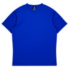 A blue t-shirt with short sleeves and a round neck, featuring a tag inside with a logo.