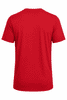 A red T-shirt for kids with short sleeves and a crew neck, featuring a logo on the back.