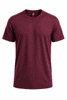 A maroon T-shirt with short sleeves and a round neckline, featuring a logo on the inside label.