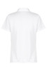 A white polo shirt featuring a collar and short sleeves, with a small logo on the back.