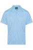 A light blue polo shirt with a collar and three buttons, featuring a logo on the tag.